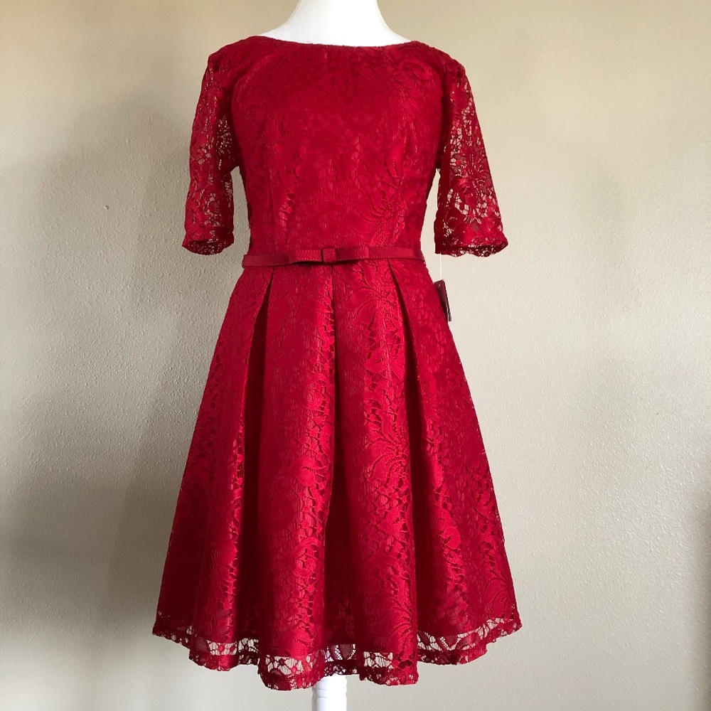 Danny & Nicole Red Lace Dress with Bow Belt